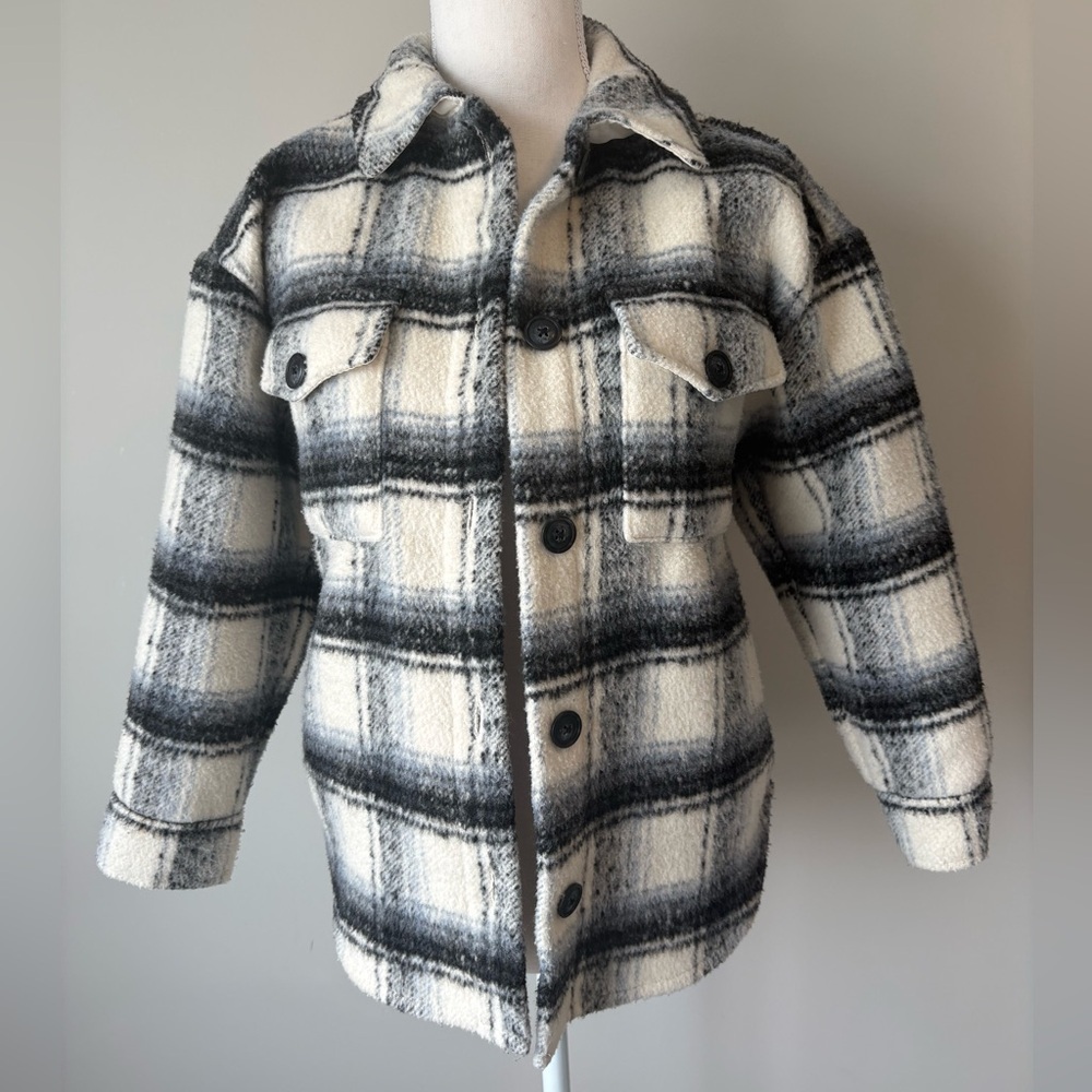 Gap Kids Plaid Shirt Jacket Black Cream Button Front Size M 8-9 - Picture 2 of 9